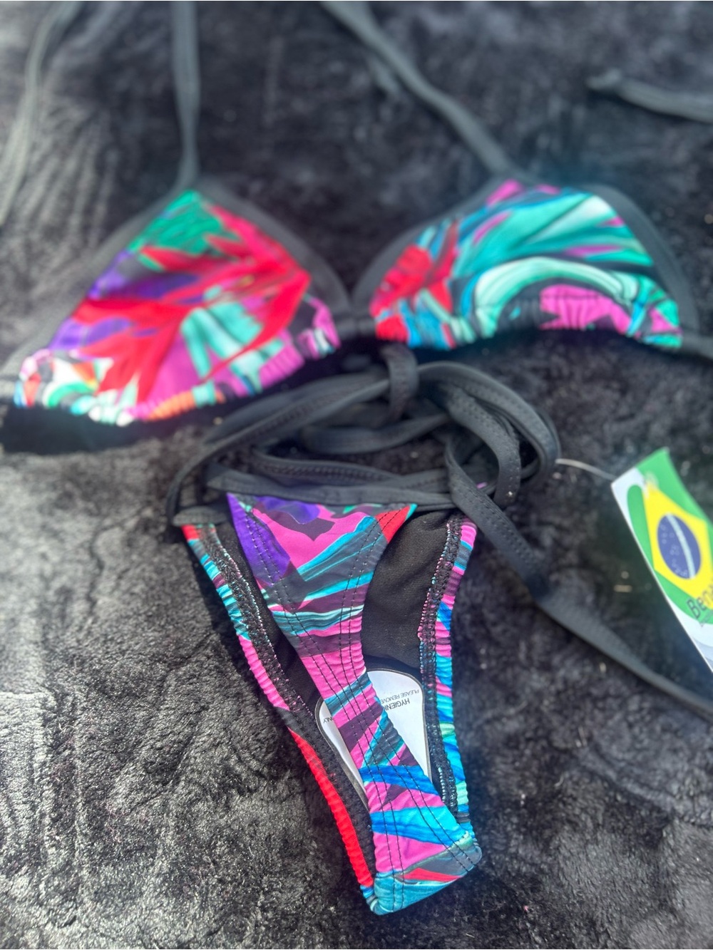 Women's Tropical Print String Bikini - Black with Pink & Teal